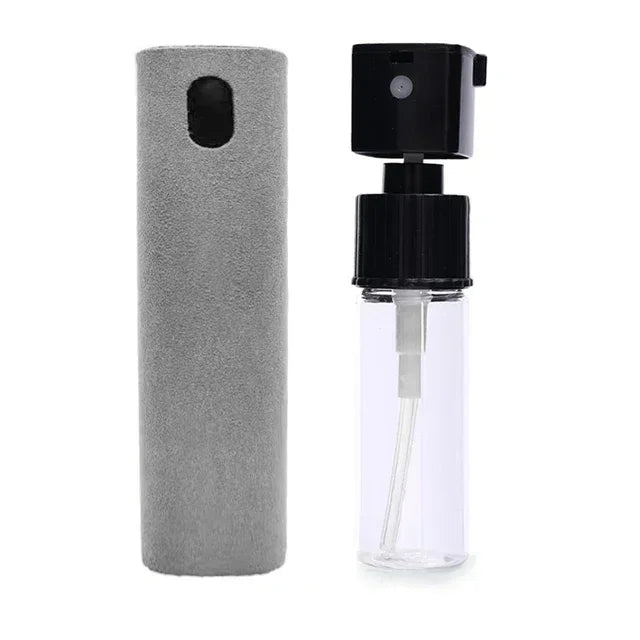 Clear spray bottle with black cap and gray case on a white background. 4in1 microfiber screen cleaner spray with cloth for phones, tablets, computers, glasses. Portable, streak-free, safe for all screens, UK FTF Market.
