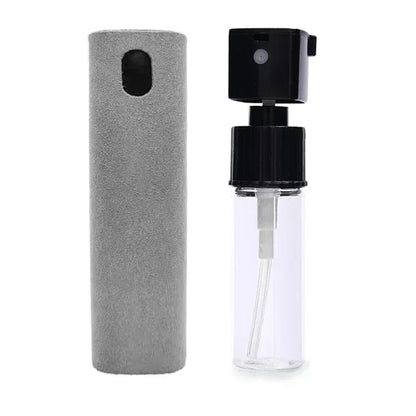 Clear spray bottle with black cap and gray case on a white background. 4in1 microfiber screen cleaner spray with cloth for phones, tablets, computers, glasses. Portable, streak-free, safe for all screens, UK FTF Market.