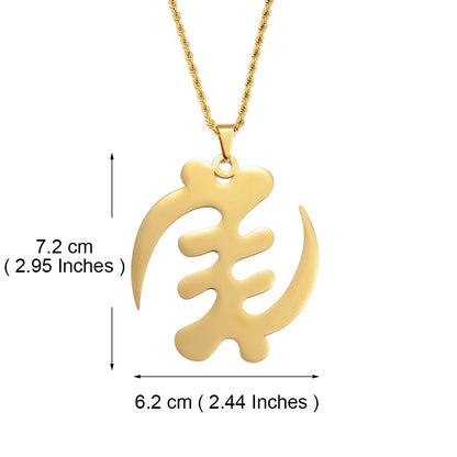 Gold pendant necklace with measurements on a white background