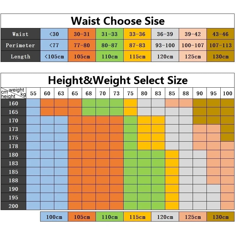 Size chart for waist, perimeter, length, height, and weight with color-coded ranges.