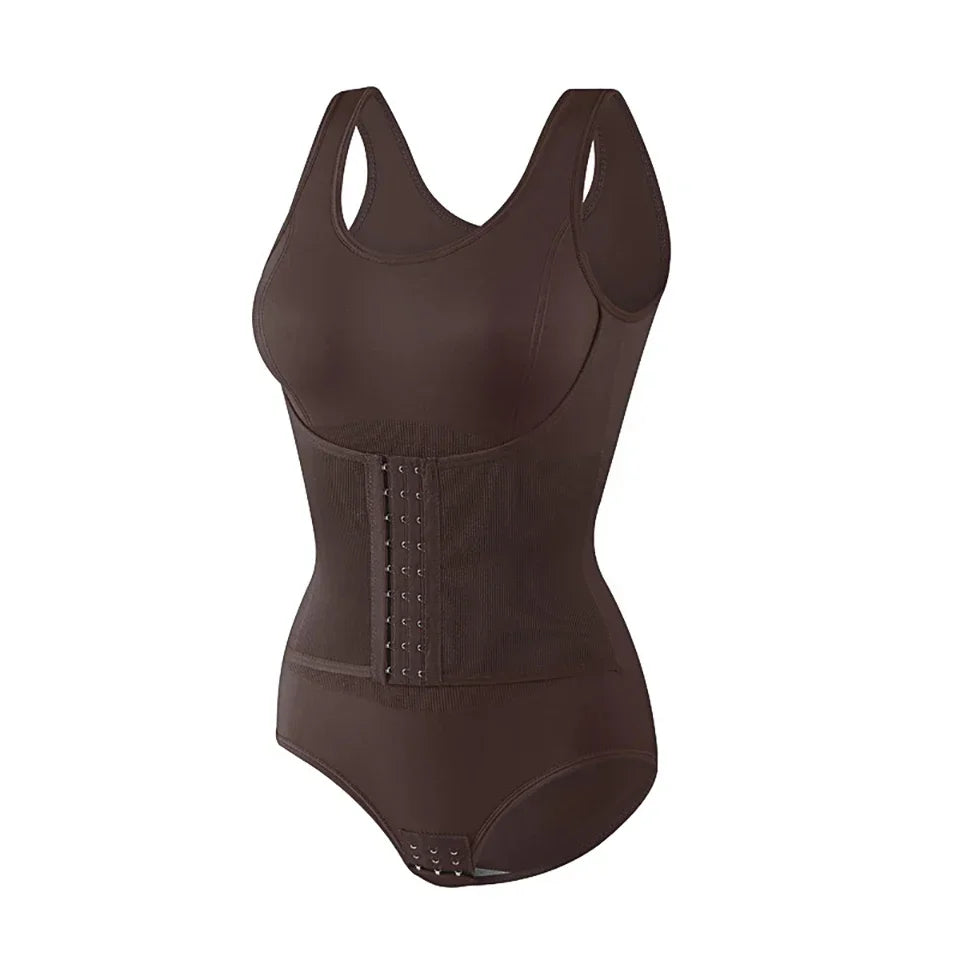 Brown waist trainer on a white background. Women’s slimming bodysuit shapewear with zipper belt. Medium control, wire-free, seamless design with polyester/spandex fabric for all-day comfort.