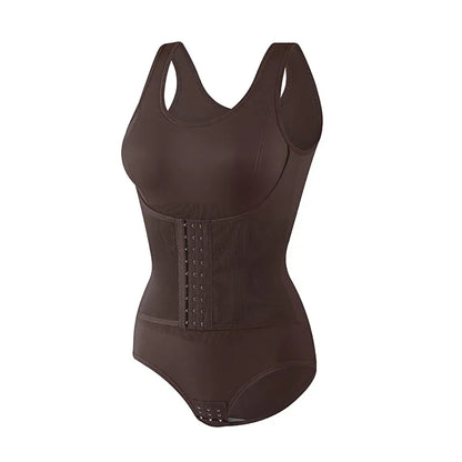 Brown waist trainer on a white background. Women’s slimming bodysuit shapewear with zipper belt. Medium control, wire-free, seamless design with polyester/spandex fabric for all-day comfort.