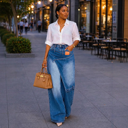 A woman walking on a city sidewalk wearing a white button-up shirt, a high-waisted wide-leg denim skirt with a diagonal seam, and carrying a tan leather handbag.