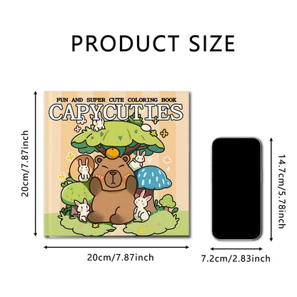 Coloring book titled 'Capycules' with dimensions displayed next to a smartphone. The Capycuties coloring book is perfect for beginners and pros alike. With simple, adorable patterns, it's a great way to relieve stress and have fun.