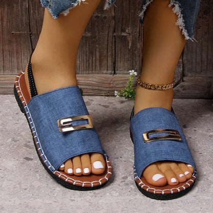 Women's blue denim flat sandals UK — gold buckle detail, open toe, elastic back strap