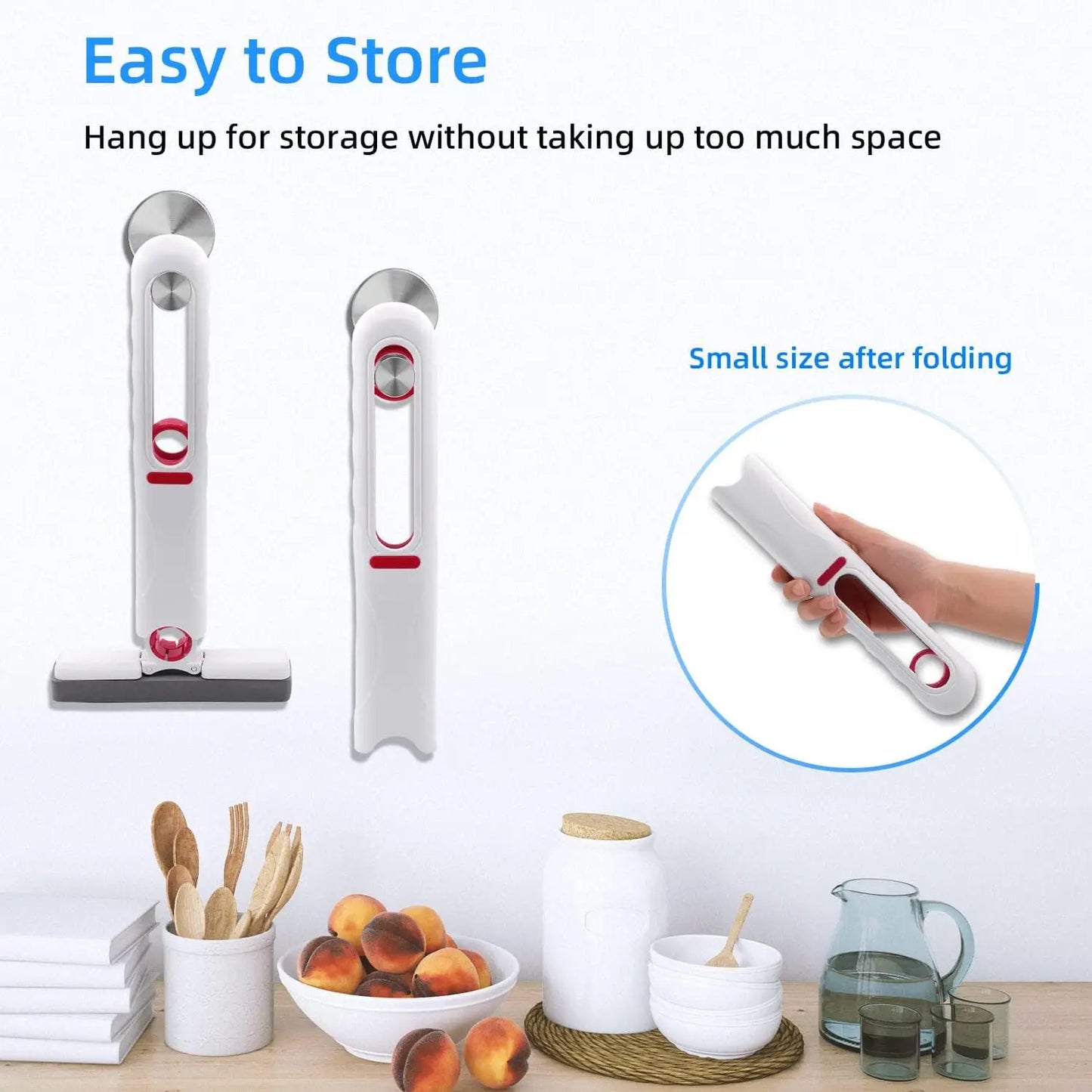 Foldable cleaning tool with storage features on a kitchen counter. Portable mini mop with microfiber sponge head and self-squeeze pole. Perfect for multiple surfaces, compact design, easy to use. Fast UK shipping.