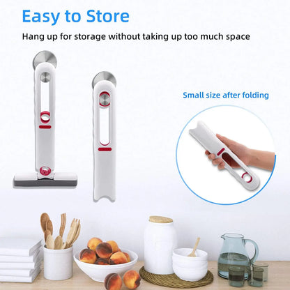 Foldable cleaning tool with storage features on a kitchen counter. Portable mini mop with microfiber sponge head and self-squeeze pole. Perfect for multiple surfaces, compact design, easy to use. Fast UK shipping.