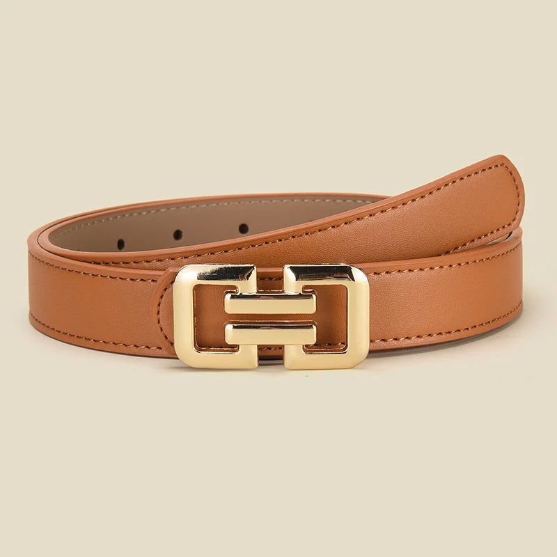Slim PU leather belt women UK — brown smooth buckle — FTF Market