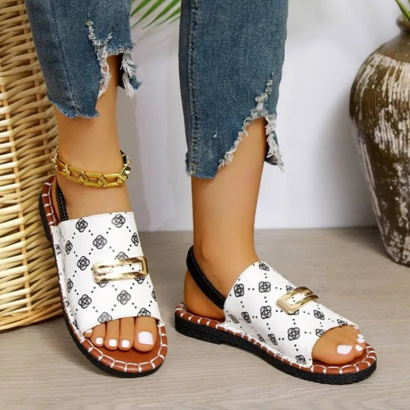 Women's white printed flat sandals UK — gold buckle, geometric print, open toe, slingback