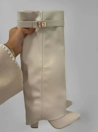 White PU Black PU high boots buckle block heel women FTF Market UK