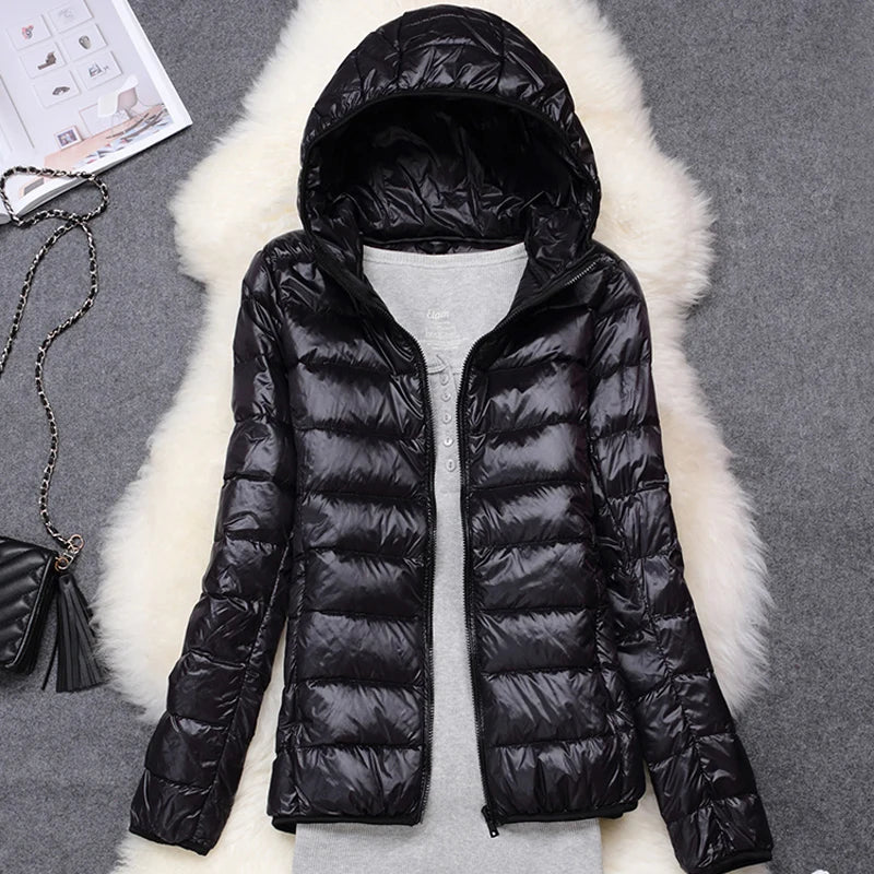 Women puffer jacket, plus size, 15 colors, ultra lightweight, packable, hooded, down coat.