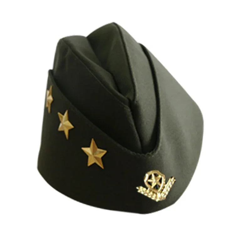 Green military beret with gold stars and insignia on a white background