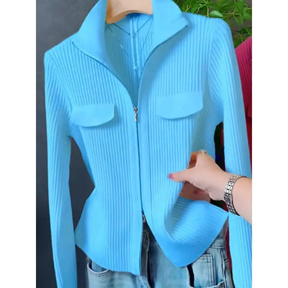 Zipper Short Knitted Cardigan – Versatile coat top, turn-down collar, solid color. Perfect for spring and autumn. Available on FTFmarket.net, fast delivery in the UK. Stay stylish with FTF Fashion and Mode FTF.