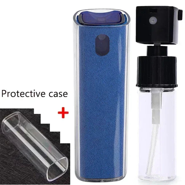 Blue spray bottle with protective case on a white background. 4in1 microfiber screen cleaner spray with cloth for phones, tablets, computers, glasses. Portable, streak-free, safe for all screens, UK FTF Market.