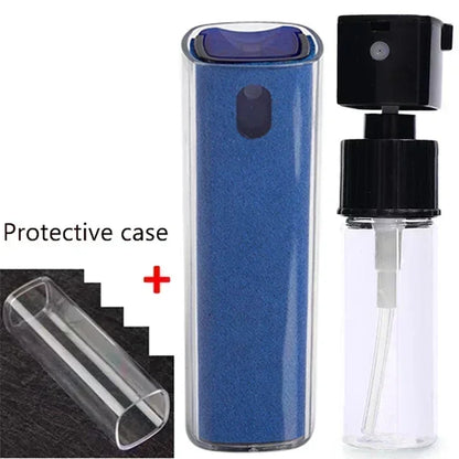 Blue spray bottle with protective case on a white background. 4in1 microfiber screen cleaner spray with cloth for phones, tablets, computers, glasses. Portable, streak-free, safe for all screens, UK FTF Market.