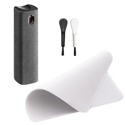 Set of golf club cleaning tools including a brush, a white and black tool, and a gray cleaning mat on a white background. 4in1 microfiber screen cleaner spray with cloth for phones, tablets, computers, glasses. Portable, streak-free, safe for all screens, UK FTF Market.