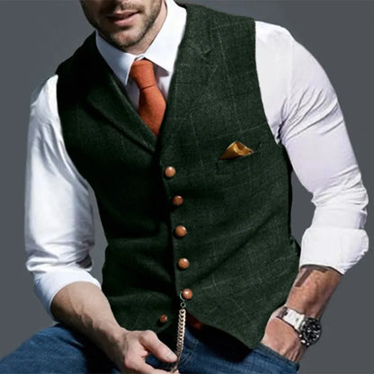 Collection of stylish men's vests ranging from slim-fit to oversized, casual to formal, in various materials and patterns