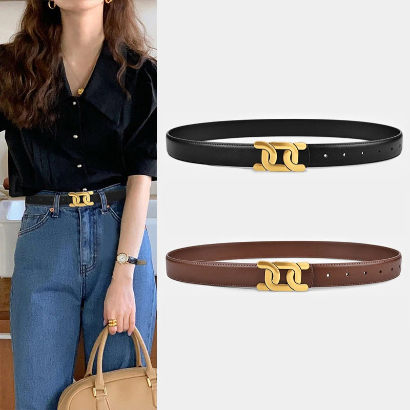 Woman wearing a black shirt and blue jeans with a gold belt, alongside two belt options on a white background. Women’s retro fashion belt with 2.4cm PU strap, solid alloy buckle for jeans, skirts, and pants. Trendy UK accessory for casual and chic looks.