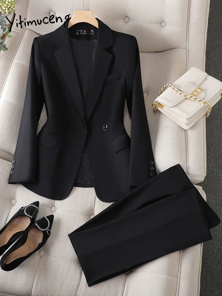 Black blazer suit set high waist trousers uk-ftf