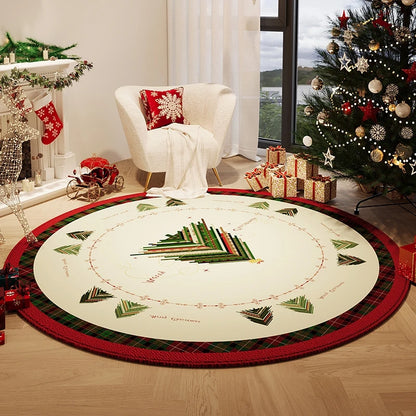 Decorative Christmas rug with geometric pattern in a festive living room. Round plush red carpet, soft and thick. Machine-woven, washable, ideal for living room, bedroom, cloakroom. Modern style UK home décor.