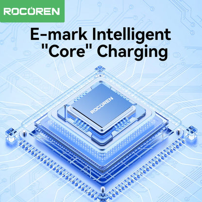 ROCUREN electronic component with 'E-mark Intelligent Core Charging' text on a blue circuit board background. 240W RGB USB-C fast charging cable with LED indicator. CE, FCC, RoHS certified. Durable Type-C connectors. Max 5A current. Fast UK shipping.