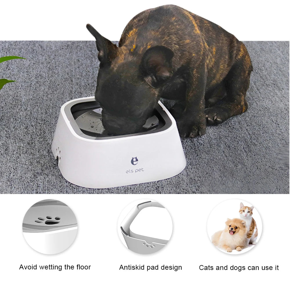 Dog drinking from a pet water fountain with product features highlighted.