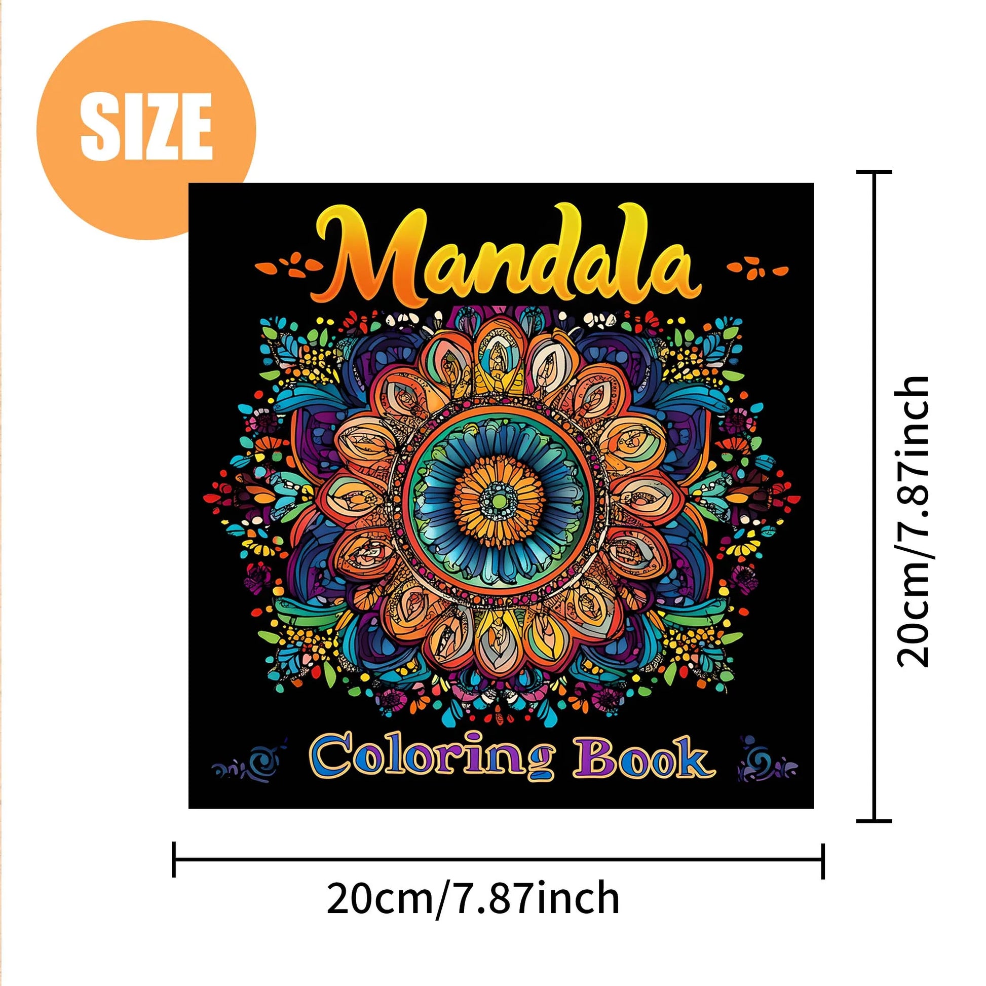 Colorful mandala design on a coloring book cover with dimensions indicated. Mandala coloring book for adults, stress relief, relaxation, creative color practice, perfect birthday party gift, UK FTF Market.