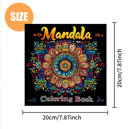 Colorful mandala design on a coloring book cover with dimensions indicated. Mandala coloring book for adults, stress relief, relaxation, creative color practice, perfect birthday party gift, UK FTF Market.