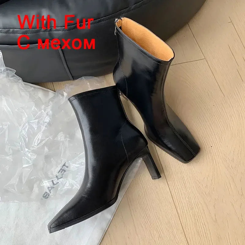 Women's Ankle Boots – Genuine leather, thick high heels, lace-up detailing, casual office wear, evening party dress booties. Available on FTFmarket.net, fast delivery in the UK.