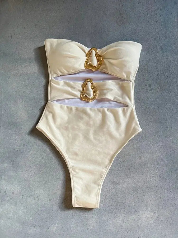 Beige bandeau one piece swimsuit with gold metal rings – Sculpting swimwear UK – FTF Market