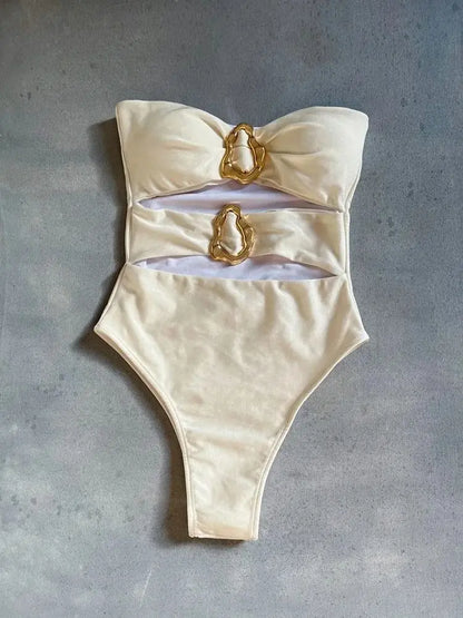 Beige bandeau one piece swimsuit with gold metal rings – Sculpting swimwear UK – FTF Market