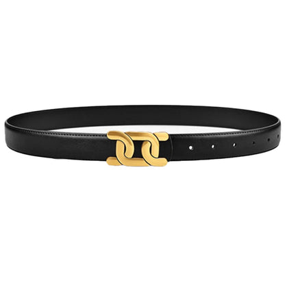 Black belt with a gold buckle on a white background. Women’s retro fashion belt with 2.4cm PU strap, solid alloy buckle for jeans, skirts, and pants. Trendy UK accessory for casual and chic looks.