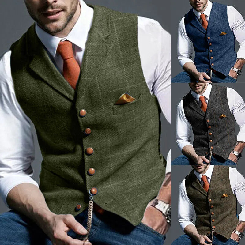 Collection of stylish men's vests ranging from slim-fit to oversized, casual to formal, in various materials and patterns