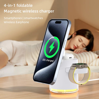 4-in-1 foldable magnetic wireless charger with smartphone, smartwatch, and earphone on a wooden surface. 4-in-1 Qi wireless charger dock with night light for iPhone 16, 15, 14 Pro Max, AirPods Pro, Apple Watch. Fast, foldable, magnetic charging stand.
