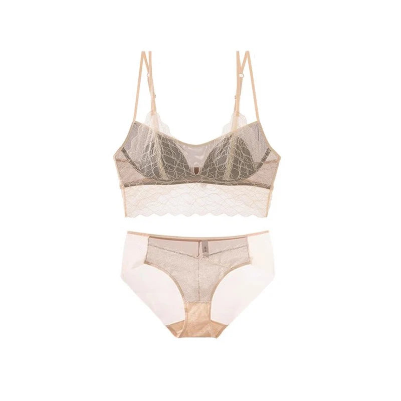 White silk lace bra and brief set — wire-free 3/4 cup women's lingerie UK