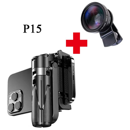 Phone case with additional lens attachment on a white background. Lightweight magnetic selfie stick tripod, extendable, remote controlled, compatible with MagSafe iPhones & Androids. Perfect for creators & travel.