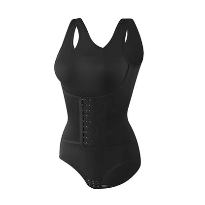 Black waist trainer on a white background. Women’s slimming bodysuit shapewear with zipper belt. Medium control, wire-free, seamless design with polyester/spandex fabric for all-day comfort.