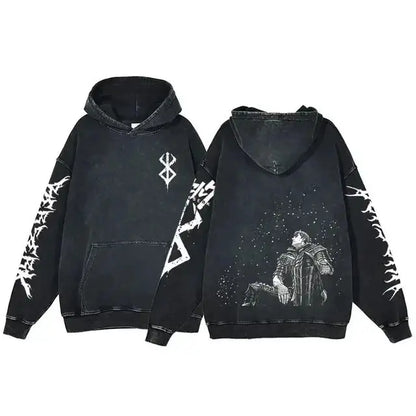 Anime hoodie plus size, gothic Harajuku, manga sweatshirt, washed denim, hip hop vintage, black pullover, Y2K streetwear.