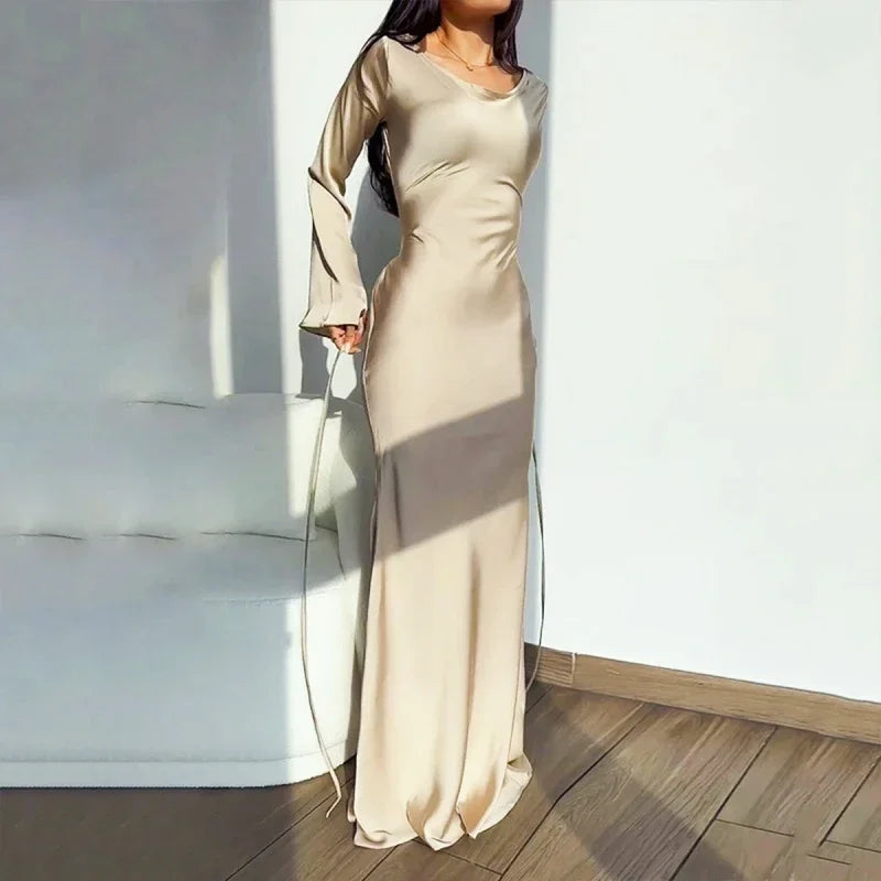 Women's Long Dresses – Simple round neck, satin flare sleeves, lace-up detailing, slim fit, evening party dress. Available on FTFmarket.net, fast delivery in the UK.