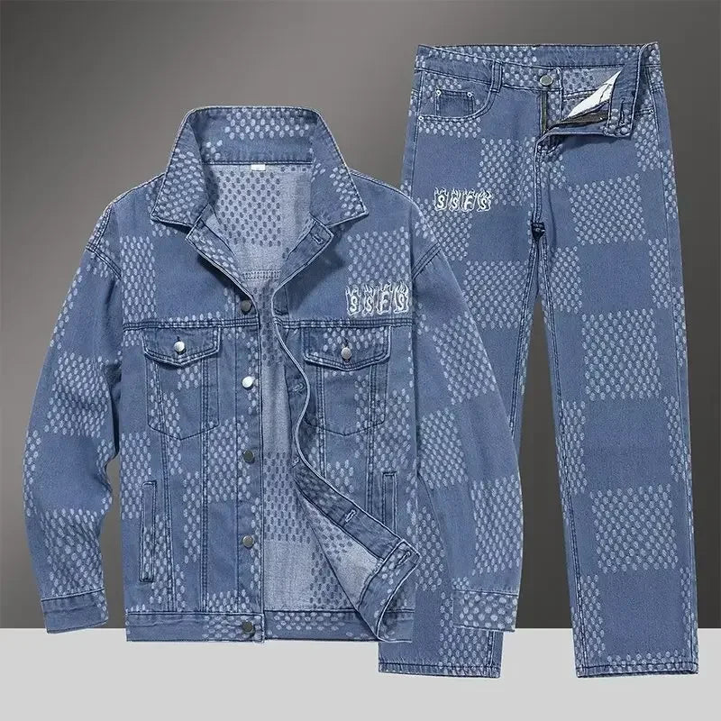 Blue denim jacket and jeans with geometric pattern on a gray background