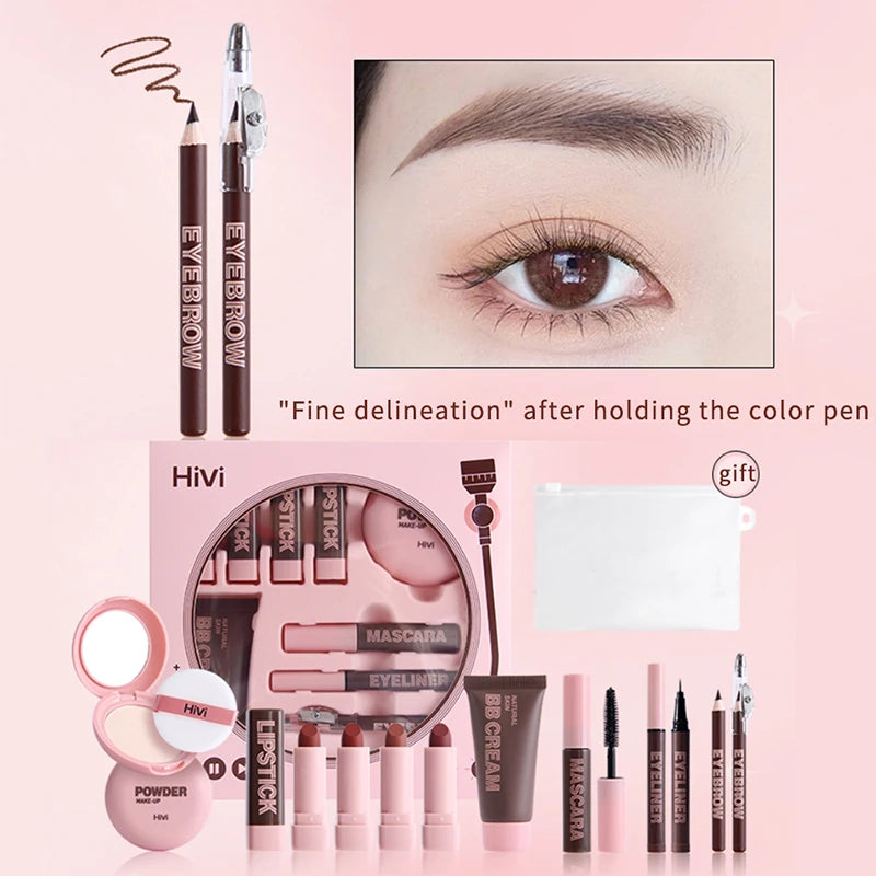 Makeup product set with eyebrow pencil, eye cream, and other cosmetic items on a pink background. HiVi makeup gift box with limited edition lipstick, setting powder, and eyeliner. Perfect romantic gift for women. Safe, elegant, lasting wear.