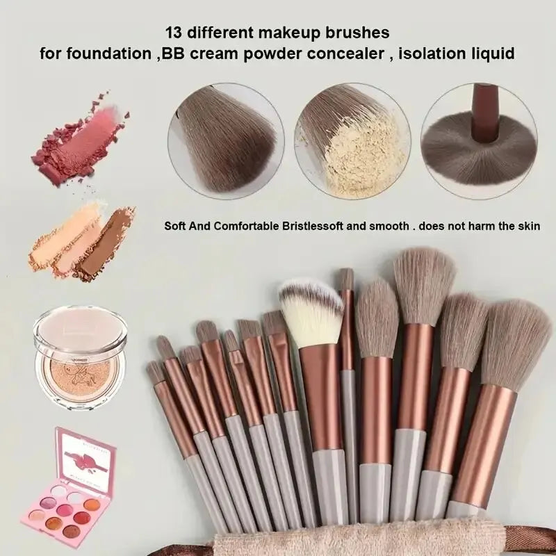 Set of makeup brushes with various uses and a carrying case on a light gray background. Soft fluffy makeup brush set with wool fiber bristles and plastic handles. Complete set for powder, foundation, eyeshadow, and beauty blending.