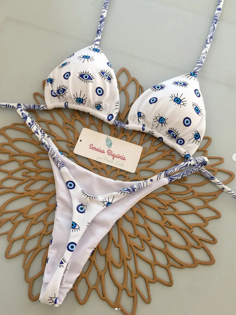 White polka dot micro bikini set halter triangle — Brazilian thong swimwear women