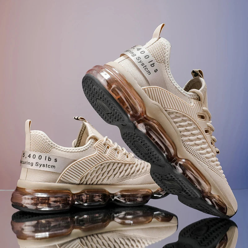 Beige sneakers with transparent air bubbles on a reflective surface