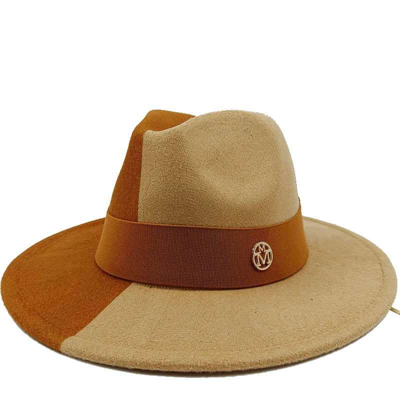 Brown and beige hat with a logo on a white background. Unisex double fedora hat, dual color gradient tie-dye, casual jazz style, cotton-polyester mix, suitable for outdoor autumn and spring.