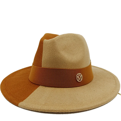 Brown and beige hat with a logo on a white background. Unisex double fedora hat, dual color gradient tie-dye, casual jazz style, cotton-polyester mix, suitable for outdoor autumn and spring.