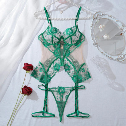Embroidered green lace lingerie set — underwire bra and brief, floral lace detail, women's sexy lingerie UK