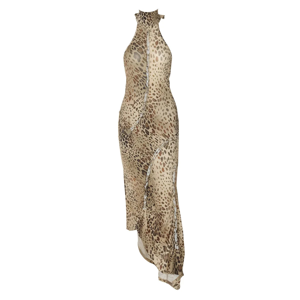 Leopard print halter neck gown on a white background