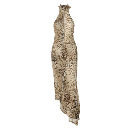 Leopard print halter neck gown on a white background