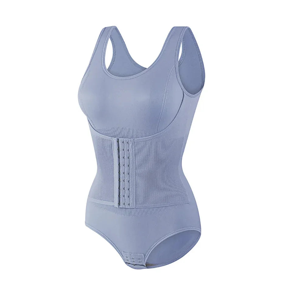Light blue bodysuit on a white background. Women’s slimming bodysuit shapewear with zipper belt. Medium control, wire-free, seamless design with polyester/spandex fabric for all-day comfort.